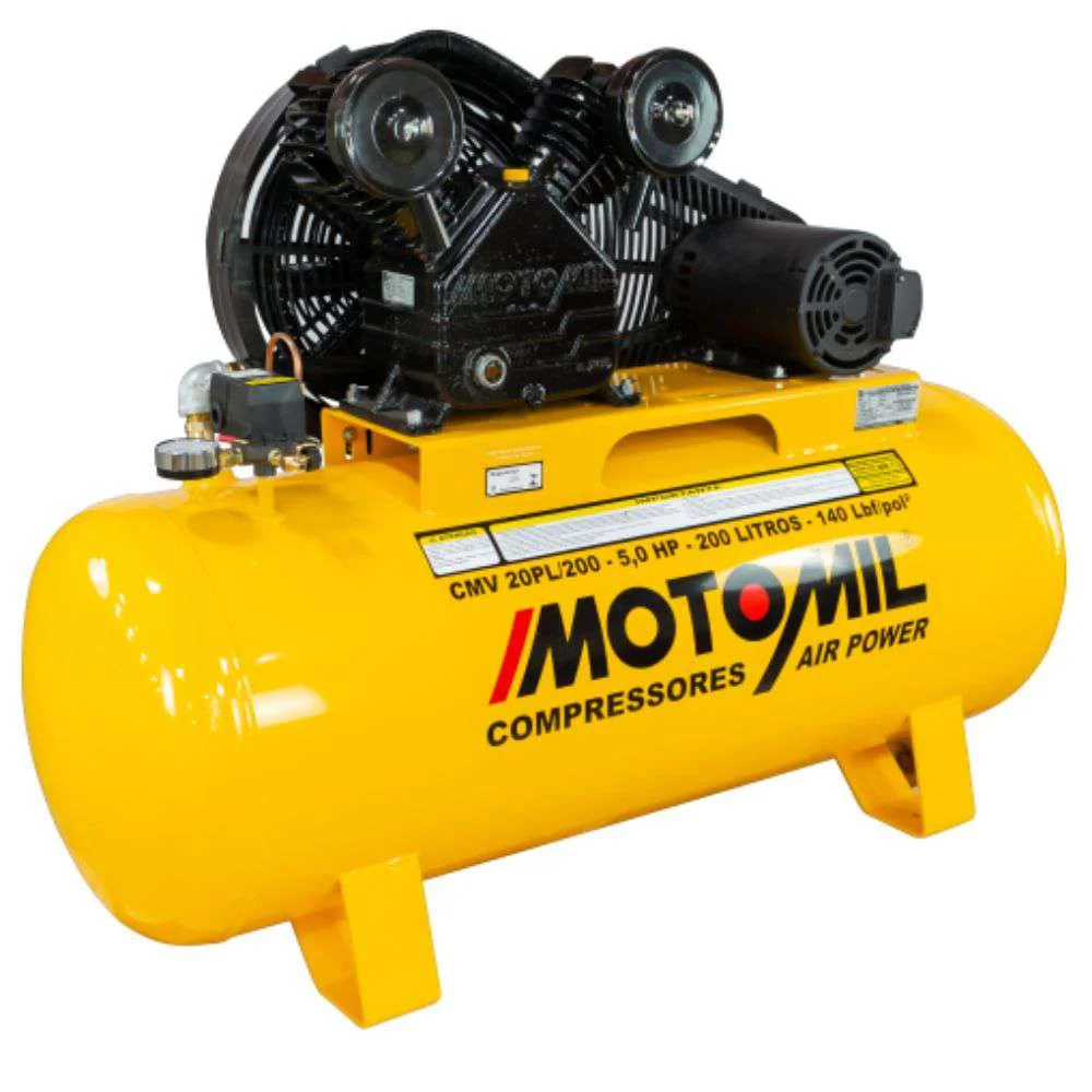 Compressor de Ar 20 Pés 200L 5Hp 220/380V Trifásico Motomil