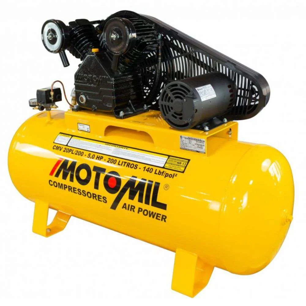 Compressor de Ar 20 Pés 200L 5Hp 220/380V Trifásico Motomil