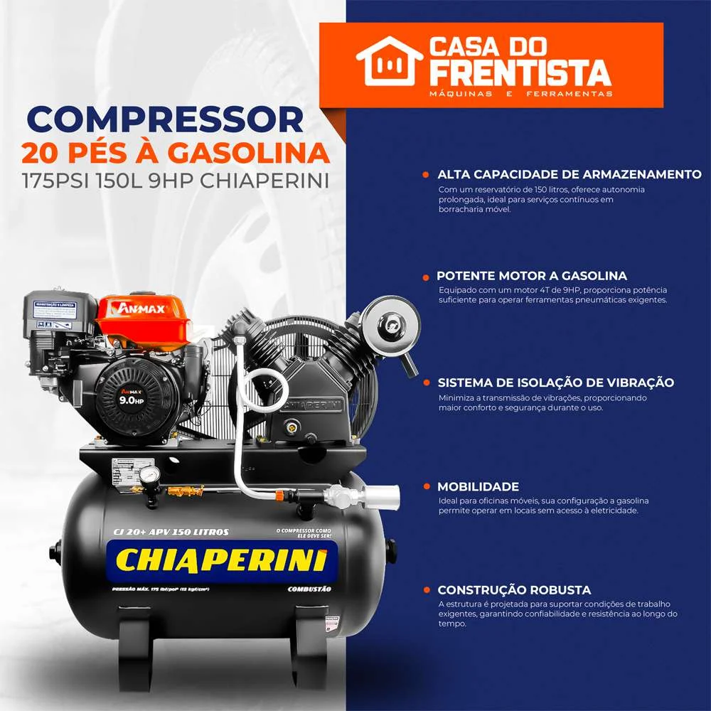 Compressor de Ar 20 Pés À Gasolina 175Psi 150L 9Hp Chiaperini.