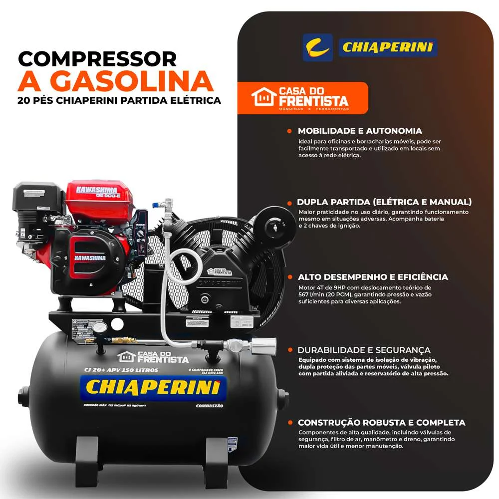 Compressor de Ar 20 Pés À Gasolina 175Psi 150L 9Hp Partida Elétrica Chiaperini