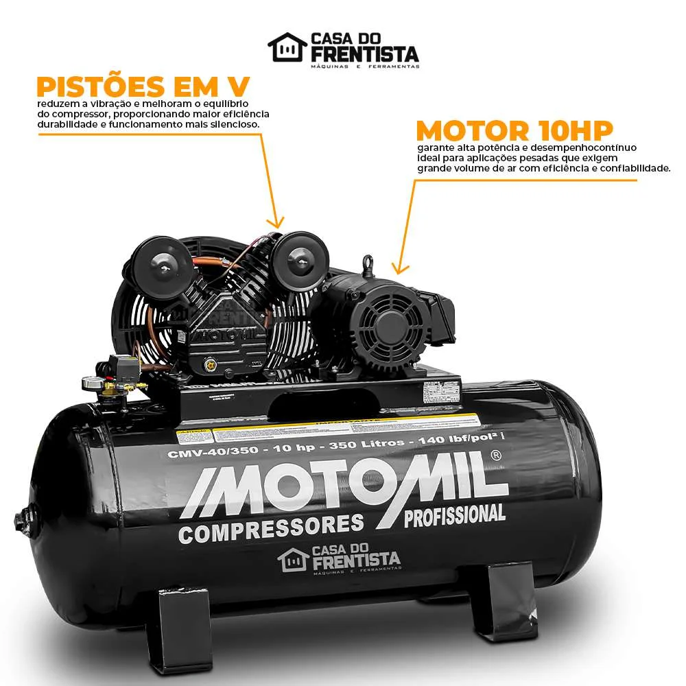 Compressor de Ar 40 Pés 350L 10Hp Trif. 220/380V Motomil