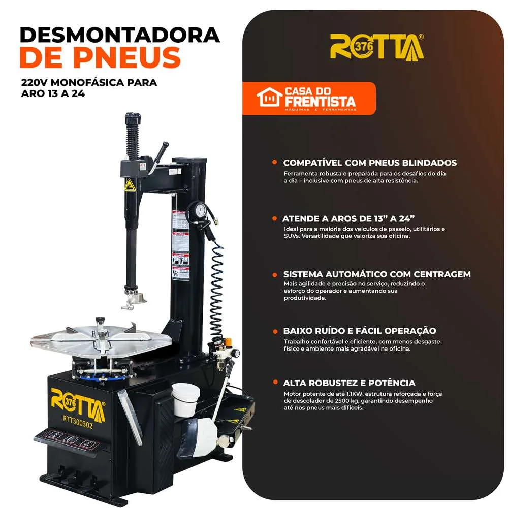 Desmontadora de Pneus para Aros 13" a 24" Motor 220V Monofásico de Alta Potência