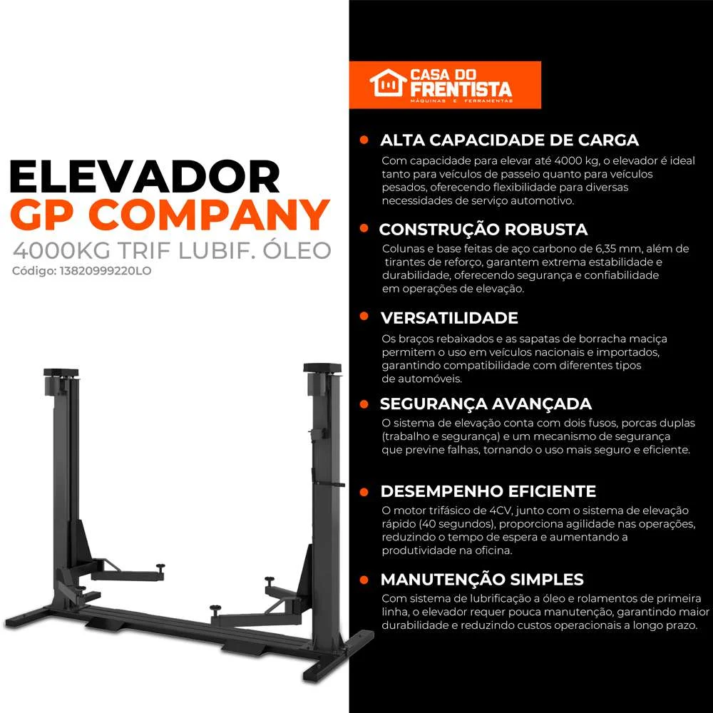 Elevador Automotivo 4000Kg 220V Trif Lubif. Óleo Preto Go Company