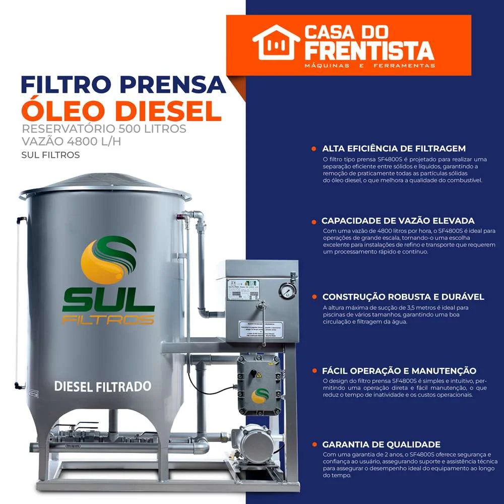 Filtro Prensa para Óleo Diesel Reservatório 500 Litros Vazão 4800 L/H