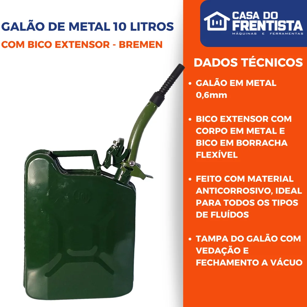 Galão de Metal 10 L + Bico Extensor Bremen