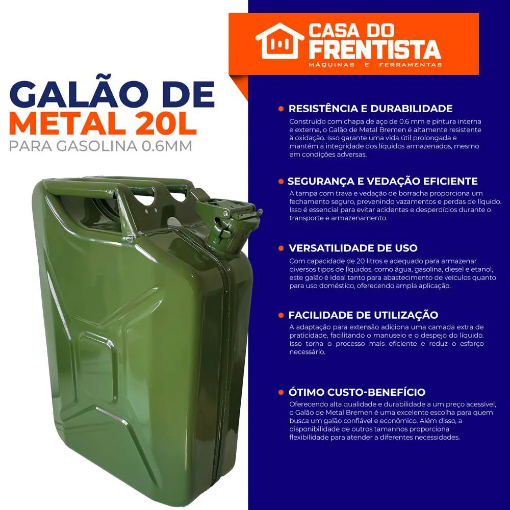 Galão de Metal para Gasolina 20L 0.6Mm Bremen 6614