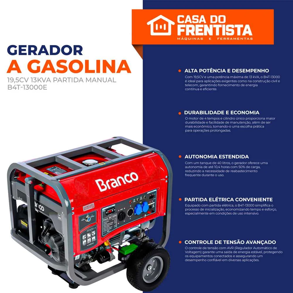 Gerador a Gasolina 195Cv 13Kva Partida Manual e Elétrica B4T-13000E Branco