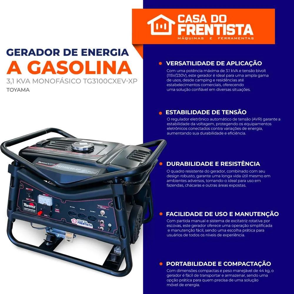 Gerador de Energia a Gasolina 3,1 Kva Monofásico Tg3100Cxev-Xp Toyama