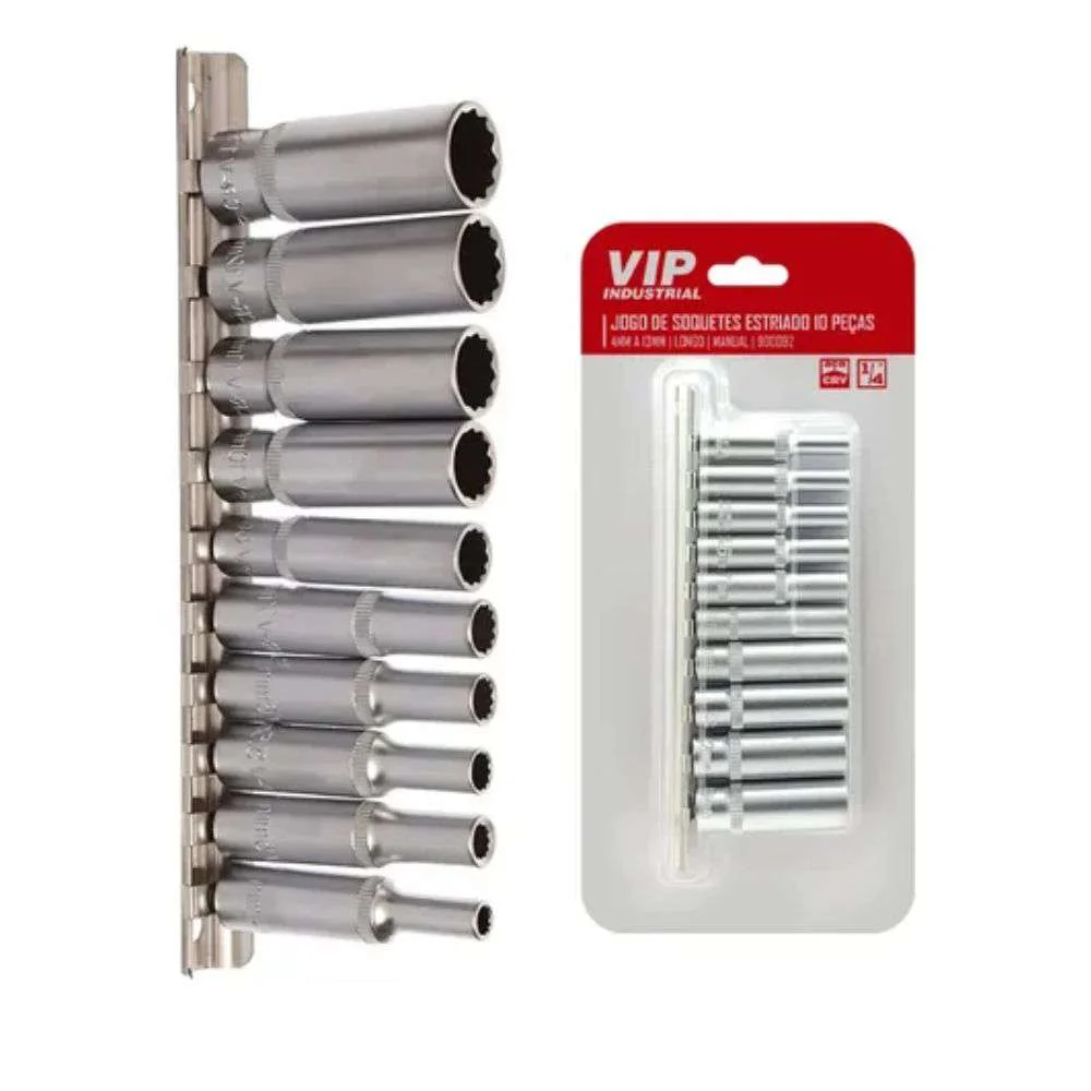 Jogo de Soquetes 1/4 4 a 13Mm Estriado Longo Vip 900092
