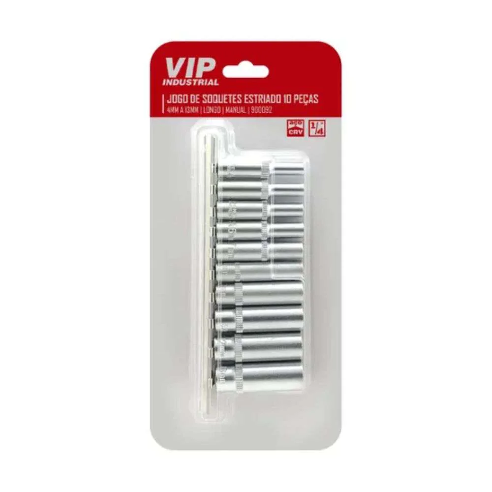 Jogo de Soquetes 1/4 4 a 13Mm Estriado Longo Vip 900092