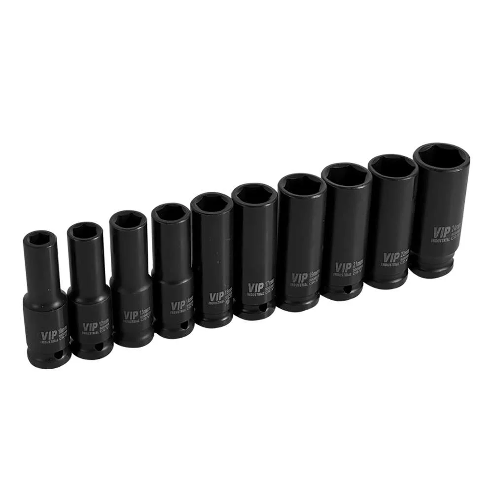 Jogo de Soquetes de Impacto Longo 1/2" (10 a 24Mm) 10 Peças em Aço Cr-V Vip