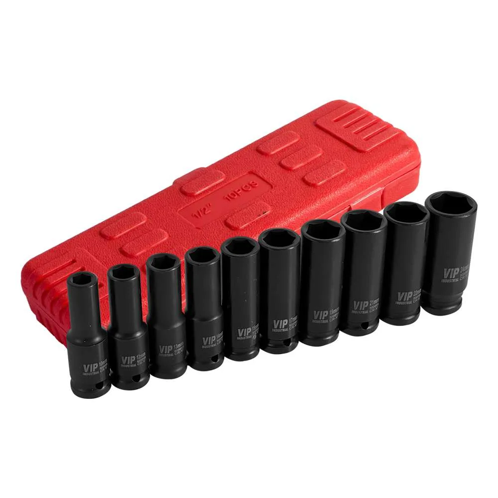 Jogo de Soquetes de Impacto Longo 1/2" (10 a 24Mm) 10 Peças em Aço Cr-V Vip