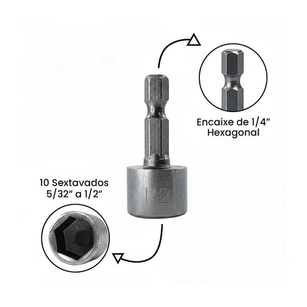 Jogo de Soquetes Magnético 10 Peças 5/32"-1/2" Encaixe 1/4"