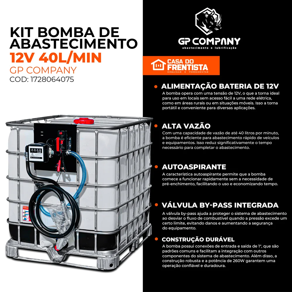 Kit Bomba de Abastecimento Diesel 12V com Reserv 1000L GP Company