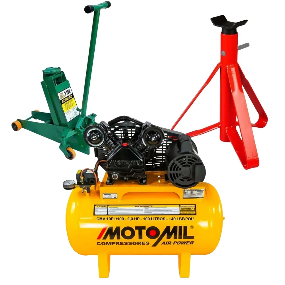 Kit Compressor de Ar 10 Pés 100L Motomil e Macaco Hidráulico Jacaré 3 Toneladas