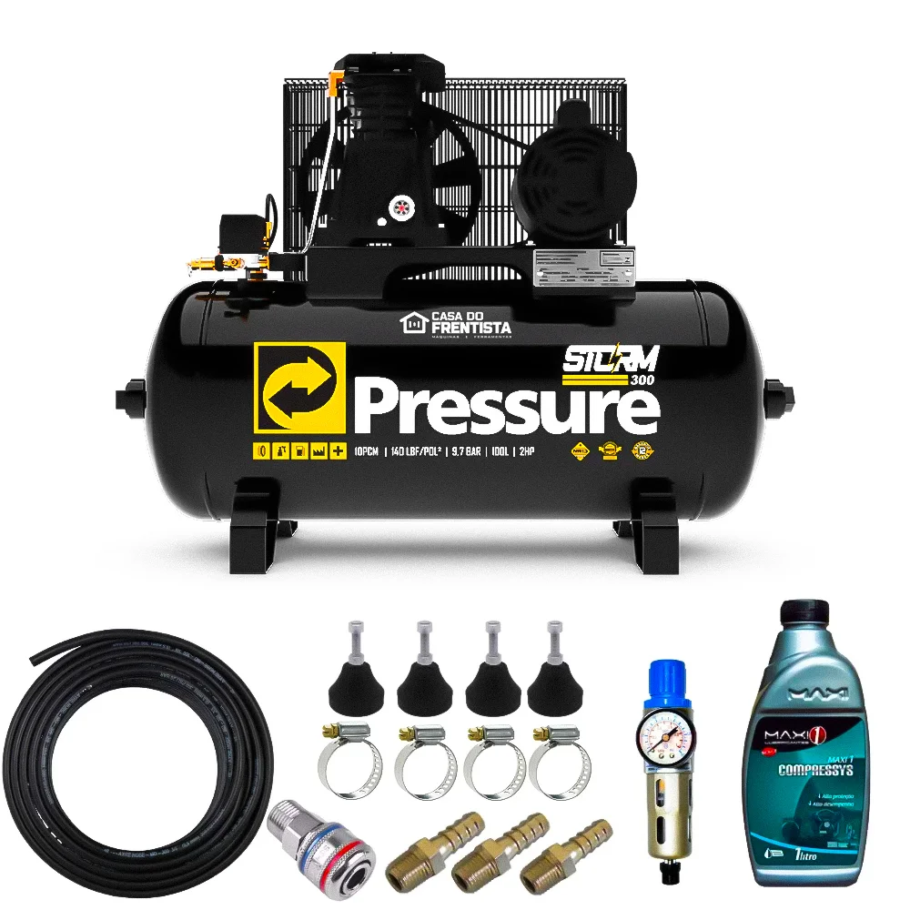 Kit Compressor de ar 10 Pes 140 Libras com Mangueira, Filtro Regulador e Óleo