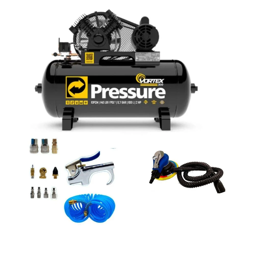 Kit Compressor de Ar 2Hp Monofásico 100L Vortex 300 Pressure com Lixadeira Orbital e Jogo Par Ar Comprimido 14Pc