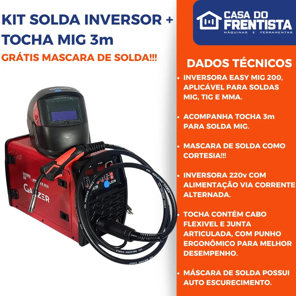 KIT SOLDA INVERSOR + TOCHA MIG 3m COM MASCARA DE SOLDA