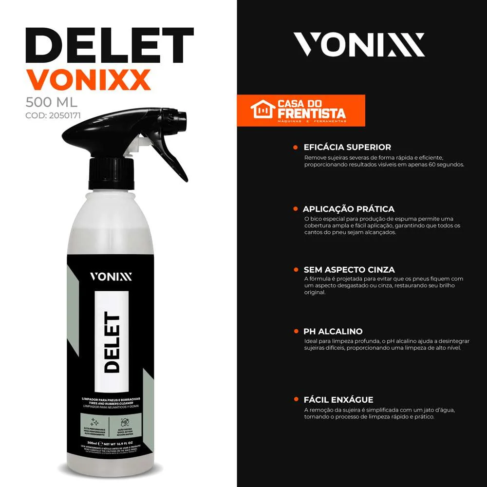 Limpador para Pneus e Borrachas Delet 500Ml Vonixx | Casa do Frentista