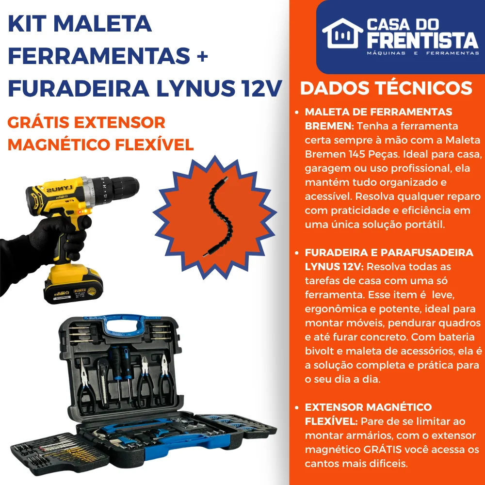 Maleta Ferramentas 145 Peças E Parafusadeira 12V + Brinde