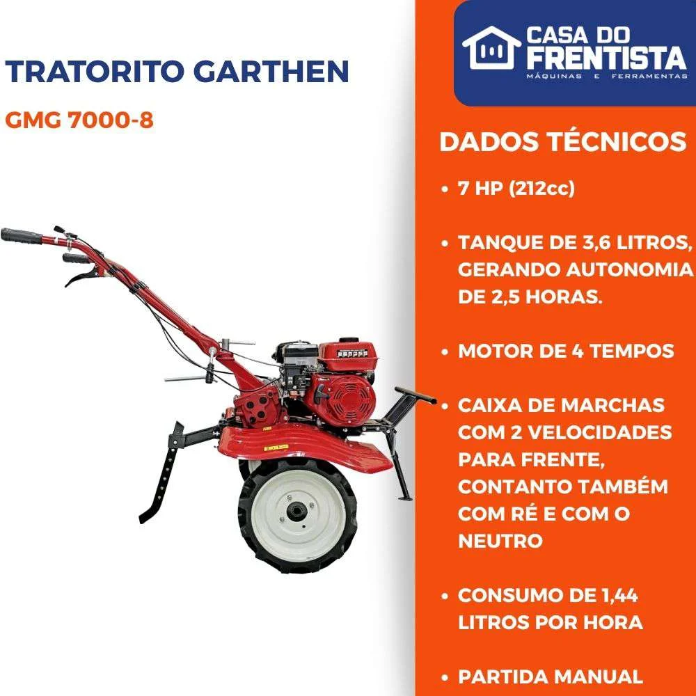 Motocultivador Tratorito Gasolina 7Hp 4 Tempos Garthen