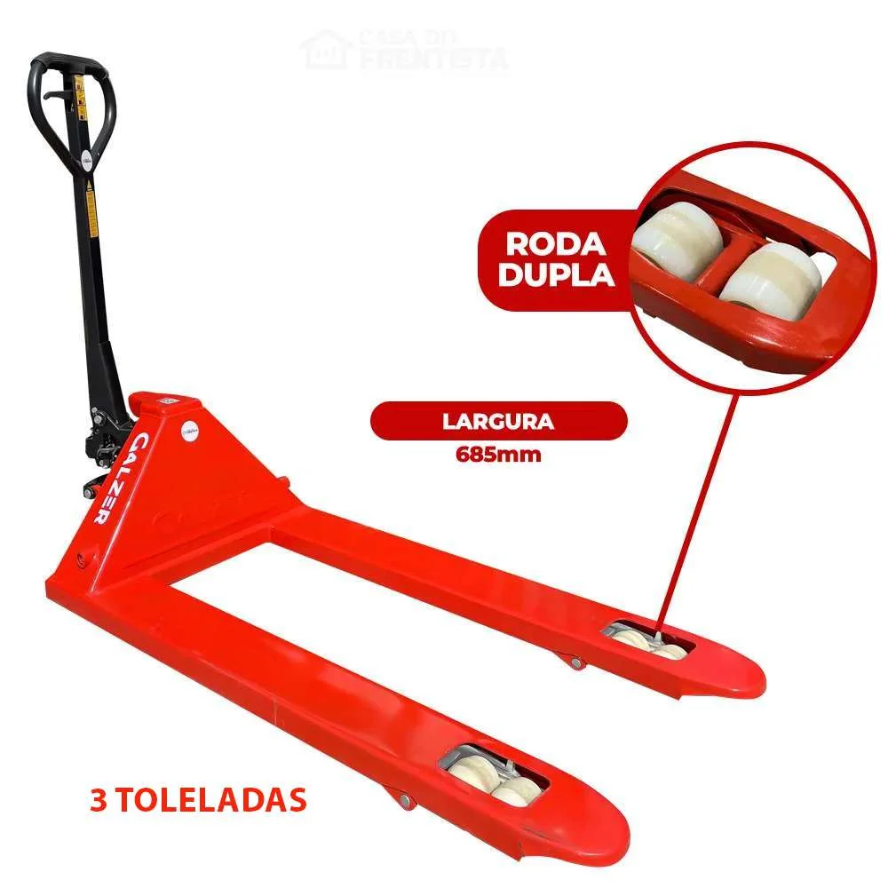 Paleteira Hidráulica Manual 3T Larga com Roda Dupla de Nylon 685X1220Mm Galzer