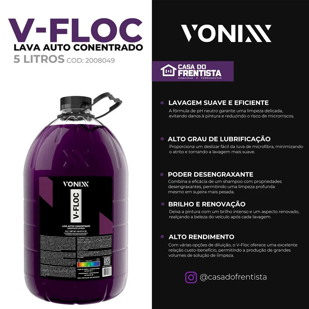 Shampoo Automotivo Neutro Concentrado V-Floc 5 Litros Vonixx