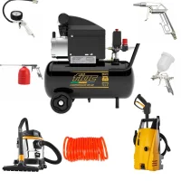Kit Motocompressor 8 Pés com Rodas 24L 110V 120 Psi Bulldog com Lavadora de Alta Pressão 1400W e Aspirador de Pó e Água 1400W