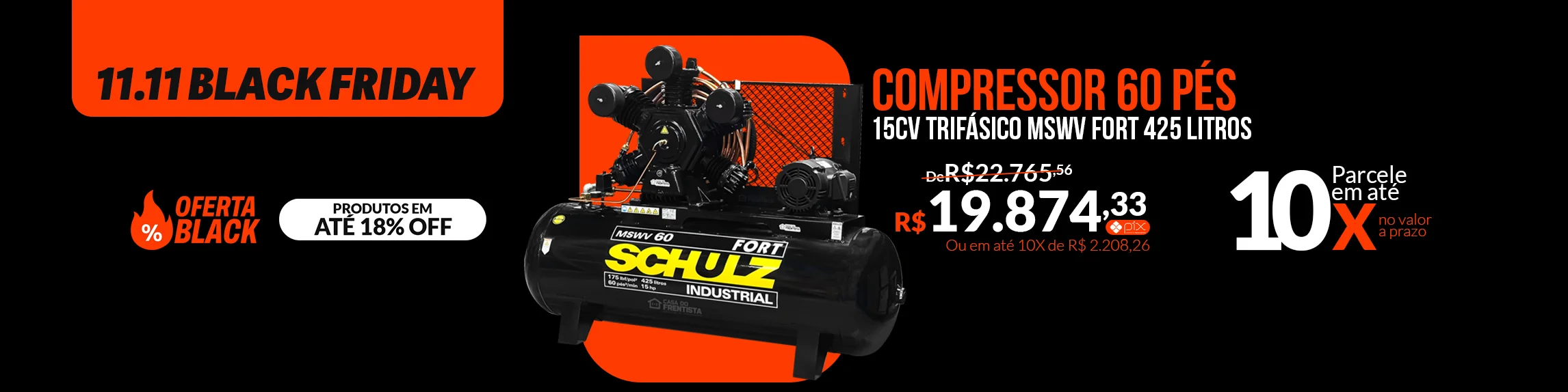 Compressor de Ar 60 Pés Schulz 15Cv Trifásico Mswv Fort 425 Litros