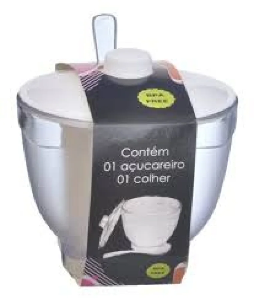 Acucareiro Plastico com Tampa e Colher Cristal/Branca