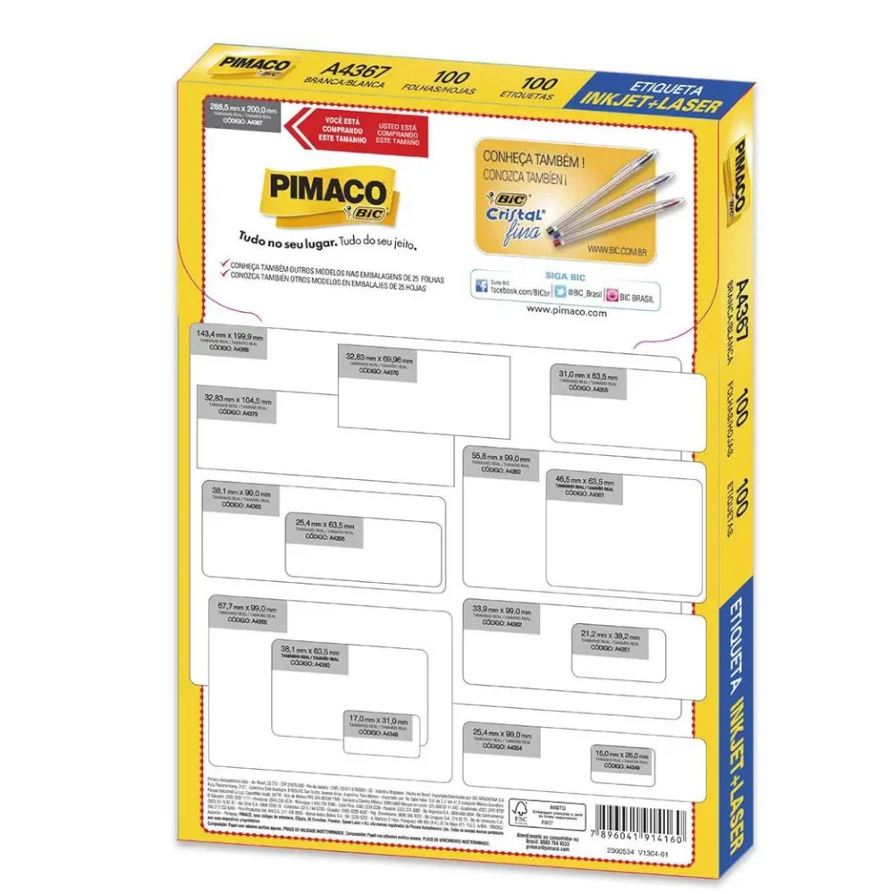 Etiqueta Laser Jet A4367 Pimaco 288,5 X 200,0 C/100 Fls.