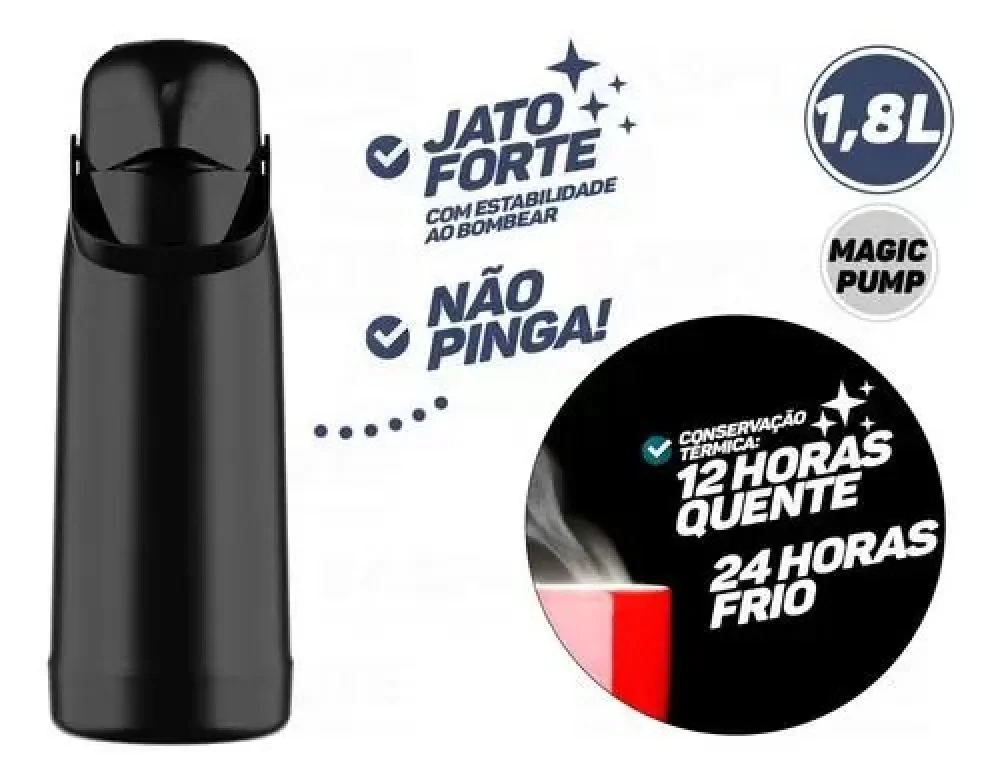Garrafa Termica Preta Magic Pump 1.8 Litros Termolar Jato