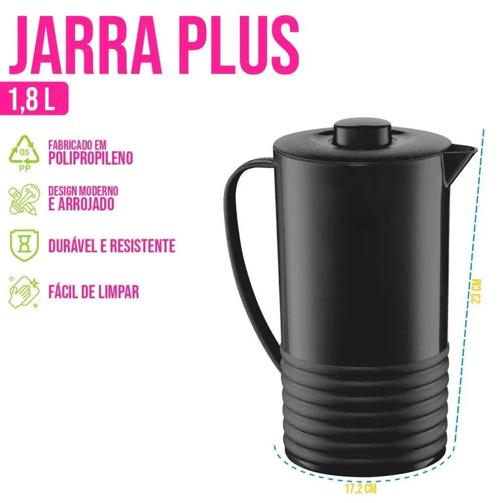 Jarra Plastica Preta 1,8 Litros com Tampa