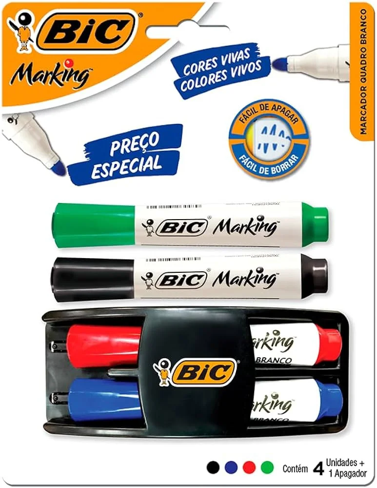 Kit Pincel P/ Quadro Branco Bic Az/Pt/Vd/Verde com Apagador