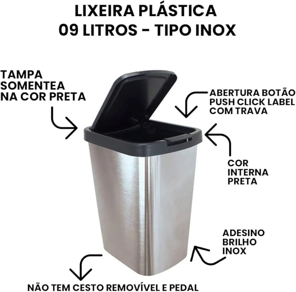 Lixeira Plastica Metalizada 09 Litros com Tampa Ref 25462