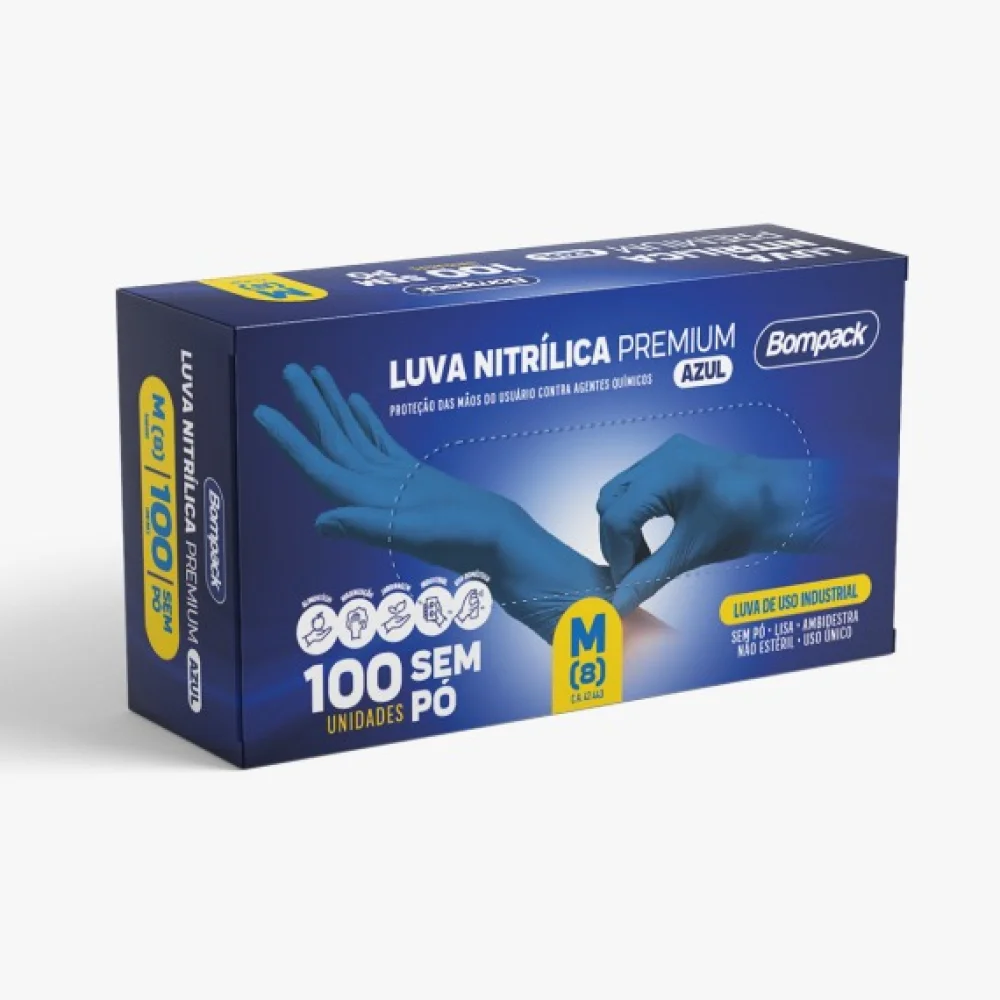 Luva Nitrilica Premium Azul Media Bompack sem Po Cx. C/ 100 Unid