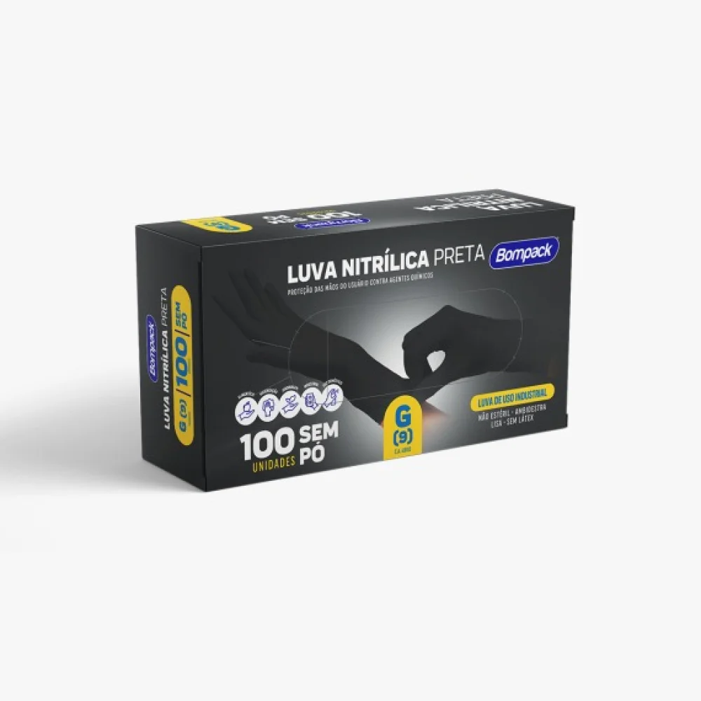 Luva Nitrilica Premium Preta Grande Bompack sem Po Cx. C/ 100 Un