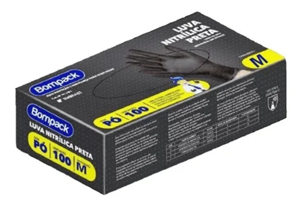Luva Nitrilica Premium Preta Media Bompack sem Po Cx. C/ 100 Unid