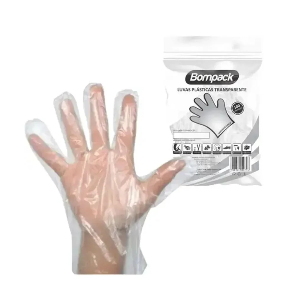 Luva Plastica Transparente Tamanho Unico Bompack ( Cento )