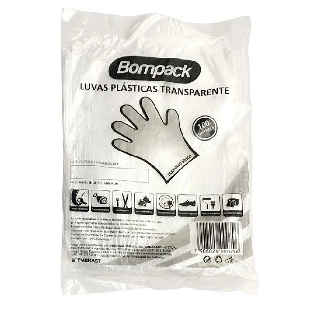 Luva Plastica Transparente Tamanho Unico Bompack ( Cento )