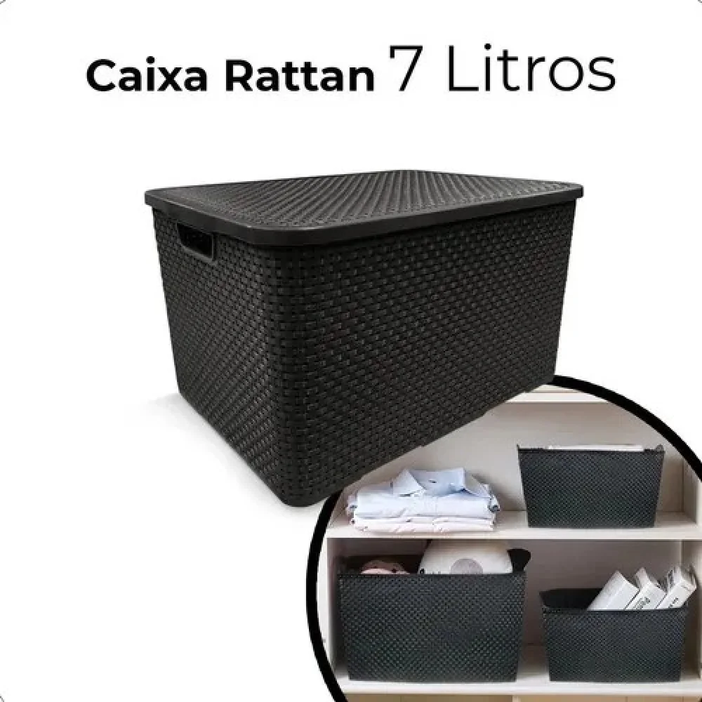 Organizador Modelo Rattan com Tampa 07 Litros Preto Ref 25588