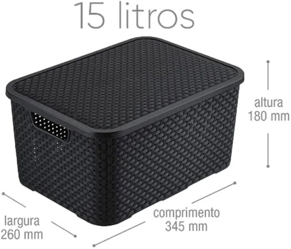Organizador Modelo Rattan com Tampa 15 Litros Preto Ref 25593