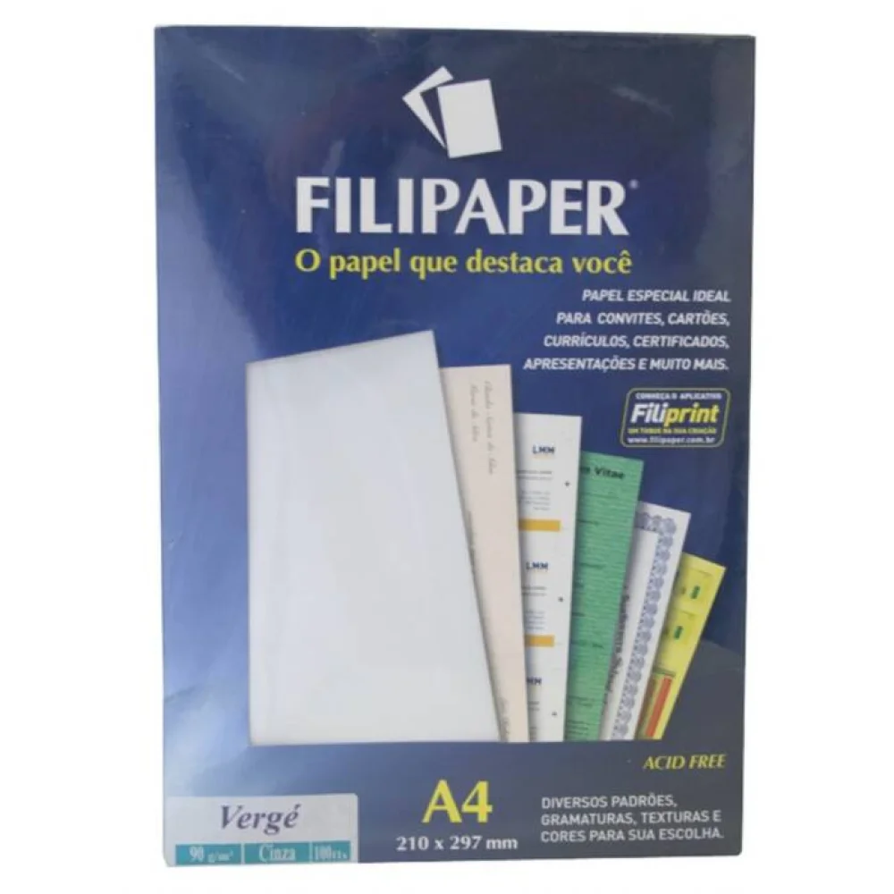 Papel Especial Verge 90 Gramas Cinza com 100 Folhas Filipaper