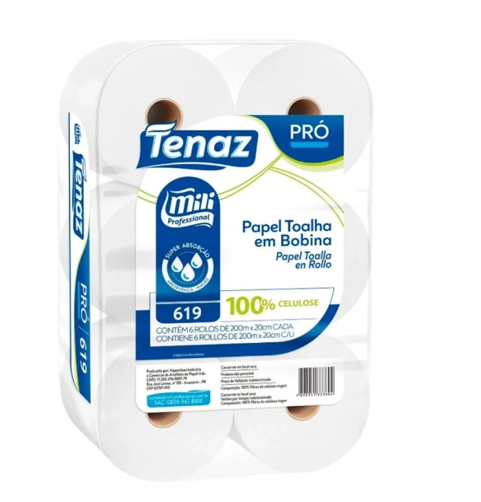 Papel Toalha Bobina Bco Mili Ref 620C/ 06 Rls 20Cmx200Mts 27 Grs