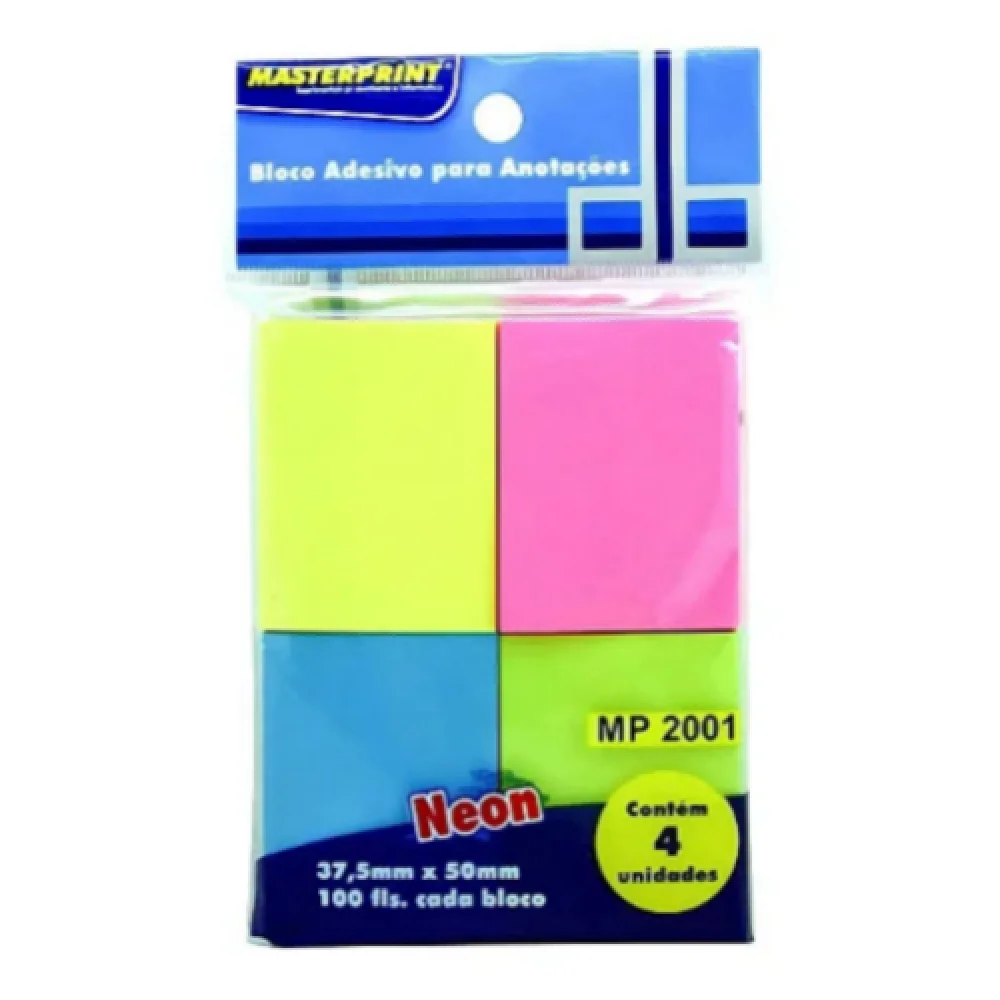 Recado Auto Ades. Neon 37,5X50 C/4X 100 Fls. Am/Rs/Az/Vd. Masterprint