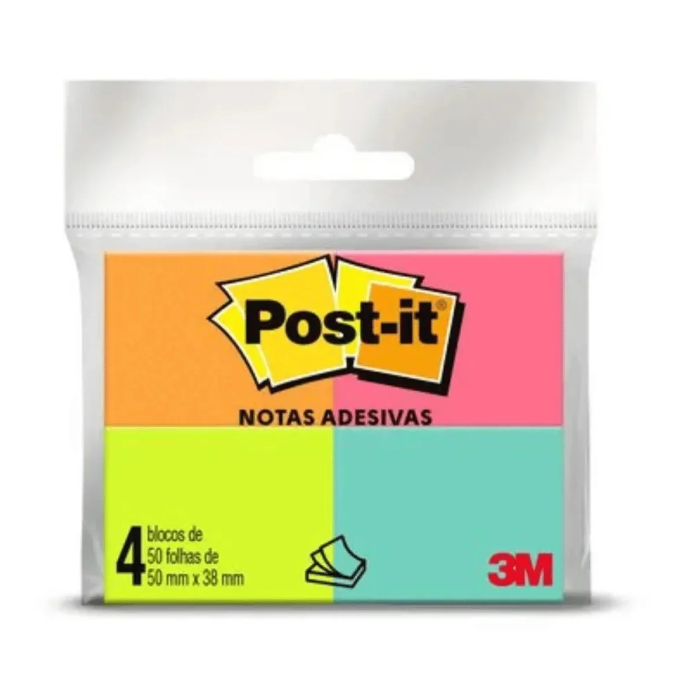 Recado Post It 653 Colorido 38 X 50 C/ 4X 50 Folhas Vd/Rs/Am/Lr 3M.