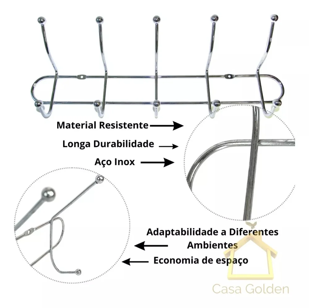 Suporte Aco Inoxidavel com 10 Ganchos de Utilidades