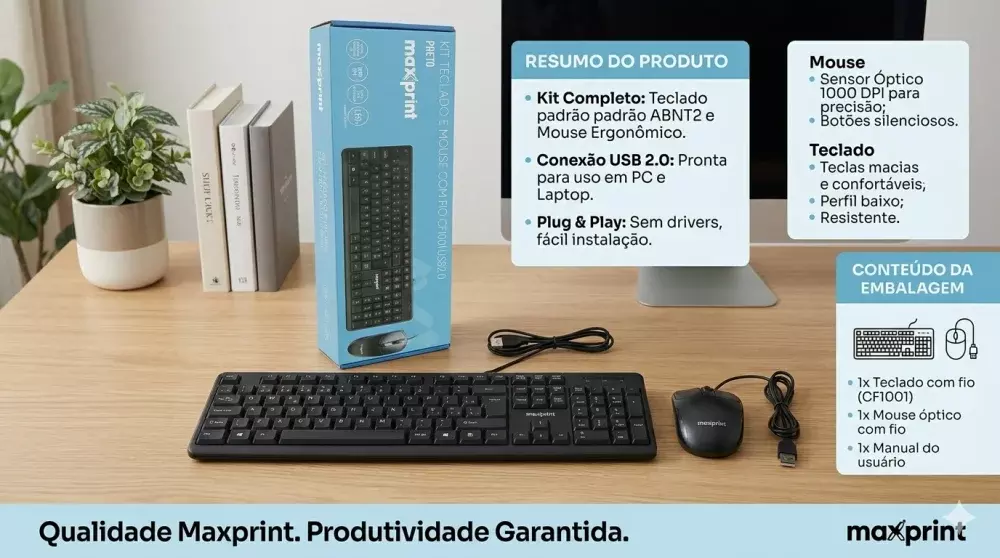 Teclado e Mouse C/Fio Cf 1001 Usb 2.0 Preto Maxprint | FCW Distribuidora