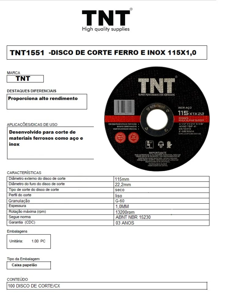 Disco Corte Tnt Black Peças Lab 115X1,0X22
