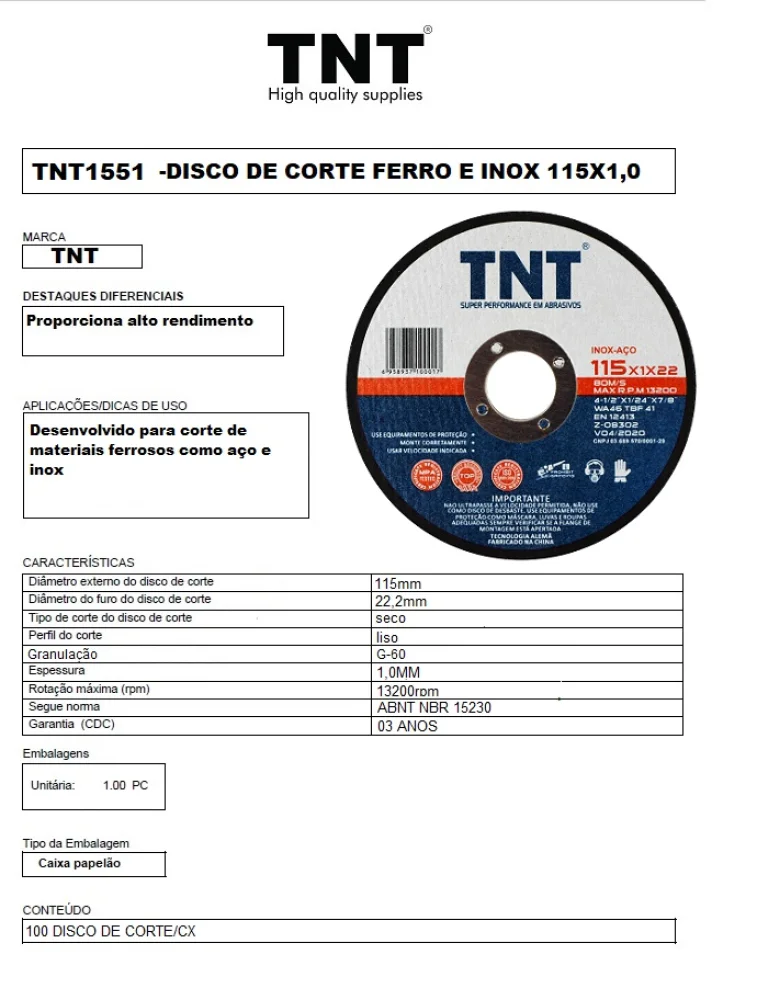 Disco Corte Tnt Blue 115X1,0X22